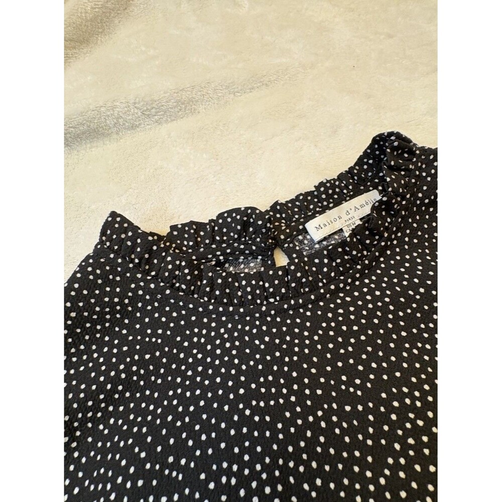 Maison d'Amelia Polkadot Blouse Long Sleeves Silky Ivory Black Dots Medium - Picture 5 of 8